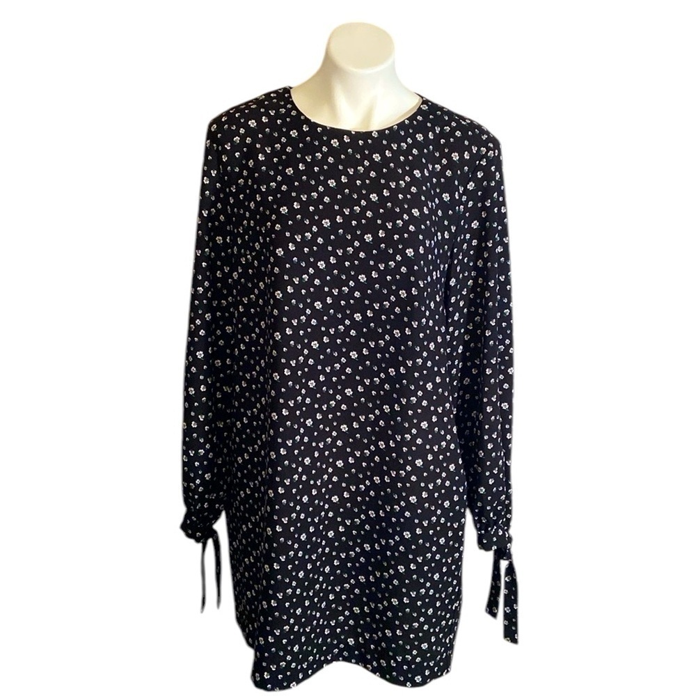 H&M Black Floral Long Sleeve Scoop Neck Shift Dress Size 14